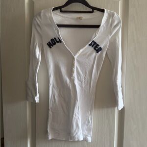 Hollister White Ribbed Henley Top with Navy Lettering